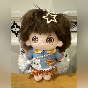 Cute Plush Doll with Blue Outfit and Brown Hair